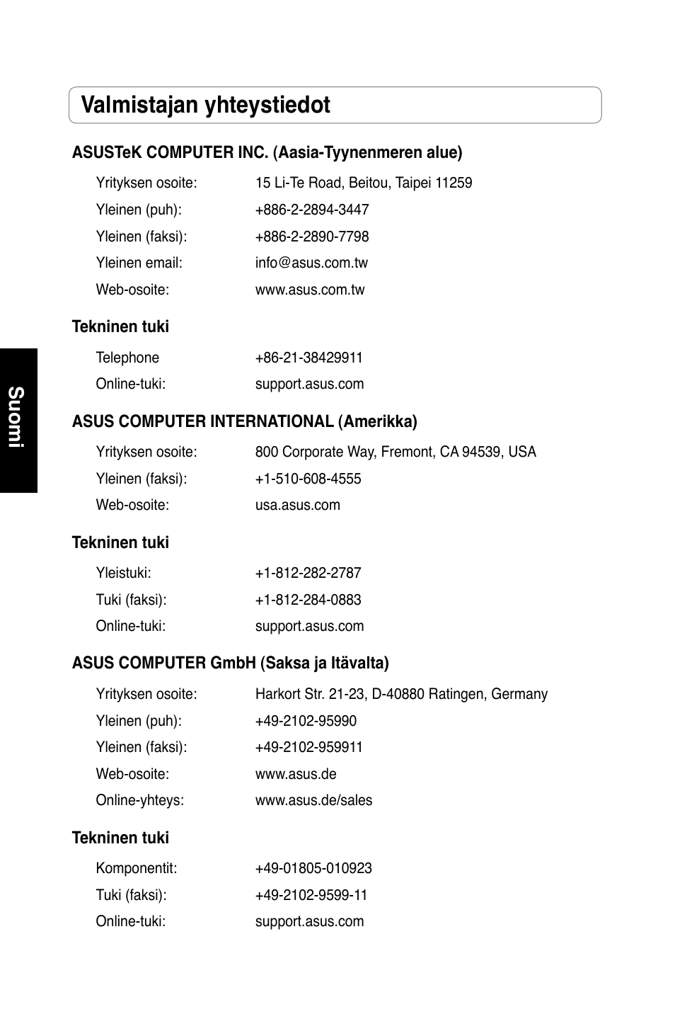 Valmistajan yhteystiedot, Suomi | Asus RT-N13 User Manual | Page 115 / 379