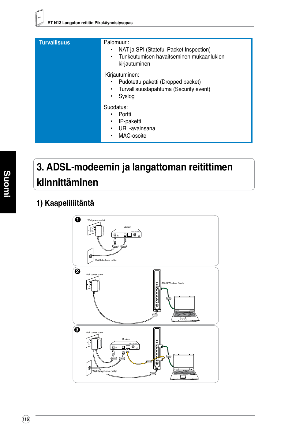 Suomi, 1) kaapeliliitäntä | Asus RT-N13 User Manual | Page 117 / 379