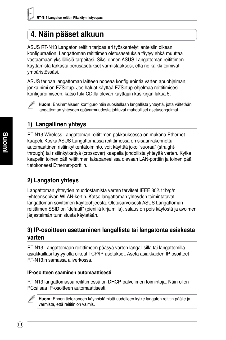 Näin pääset alkuun, Suomi, 1) langallinen yhteys | 2) langaton yhteys | Asus RT-N13 User Manual | Page 119 / 379