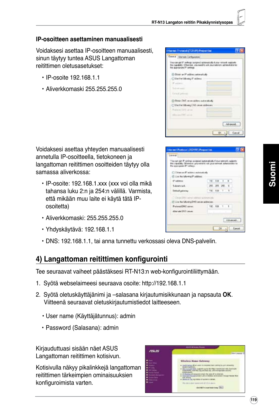 Suomi, 4) langattoman reitittimen konfigurointi | Asus RT-N13 User Manual | Page 120 / 379