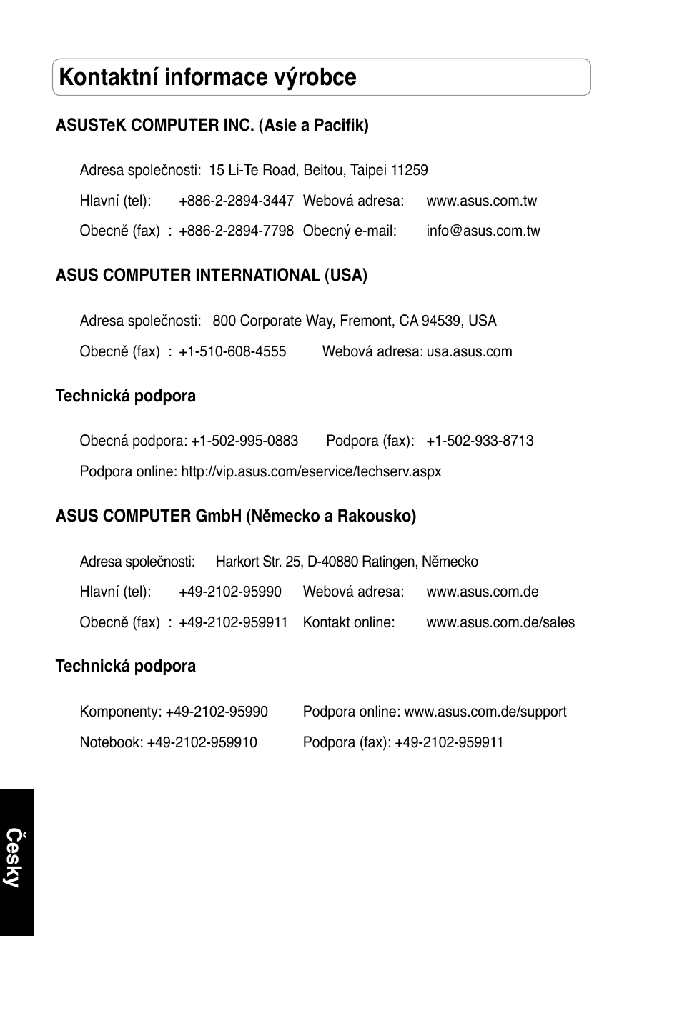 Kontaktní informace výrobce, Česky | Asus RT-N13 User Manual | Page 157 / 379