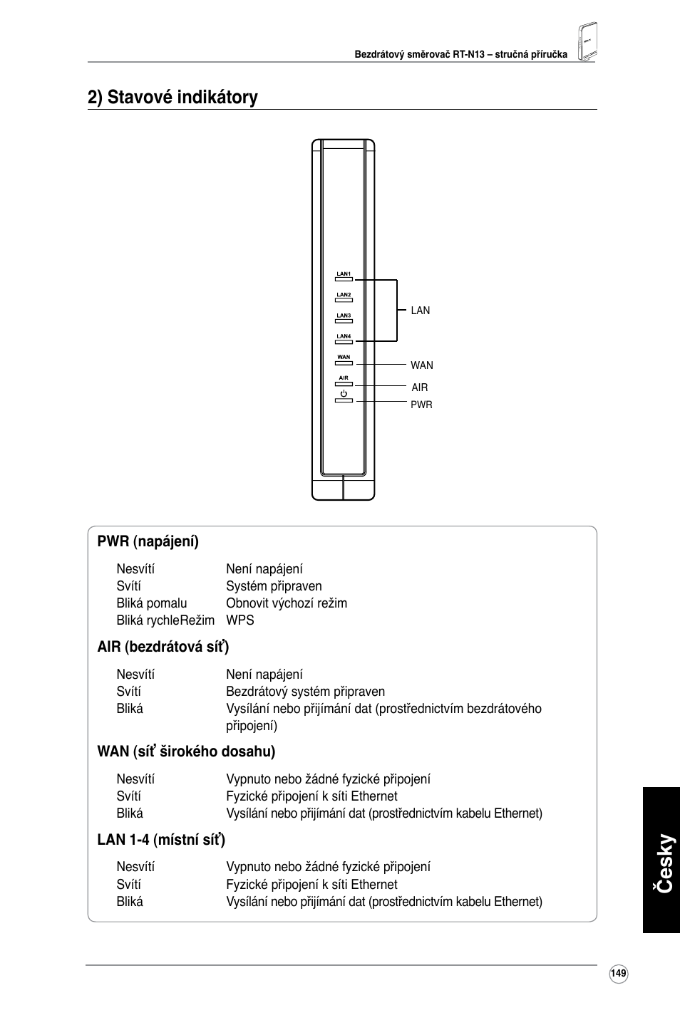 Česky, 2) stavové indikátory | Asus RT-N13 User Manual | Page 160 / 379