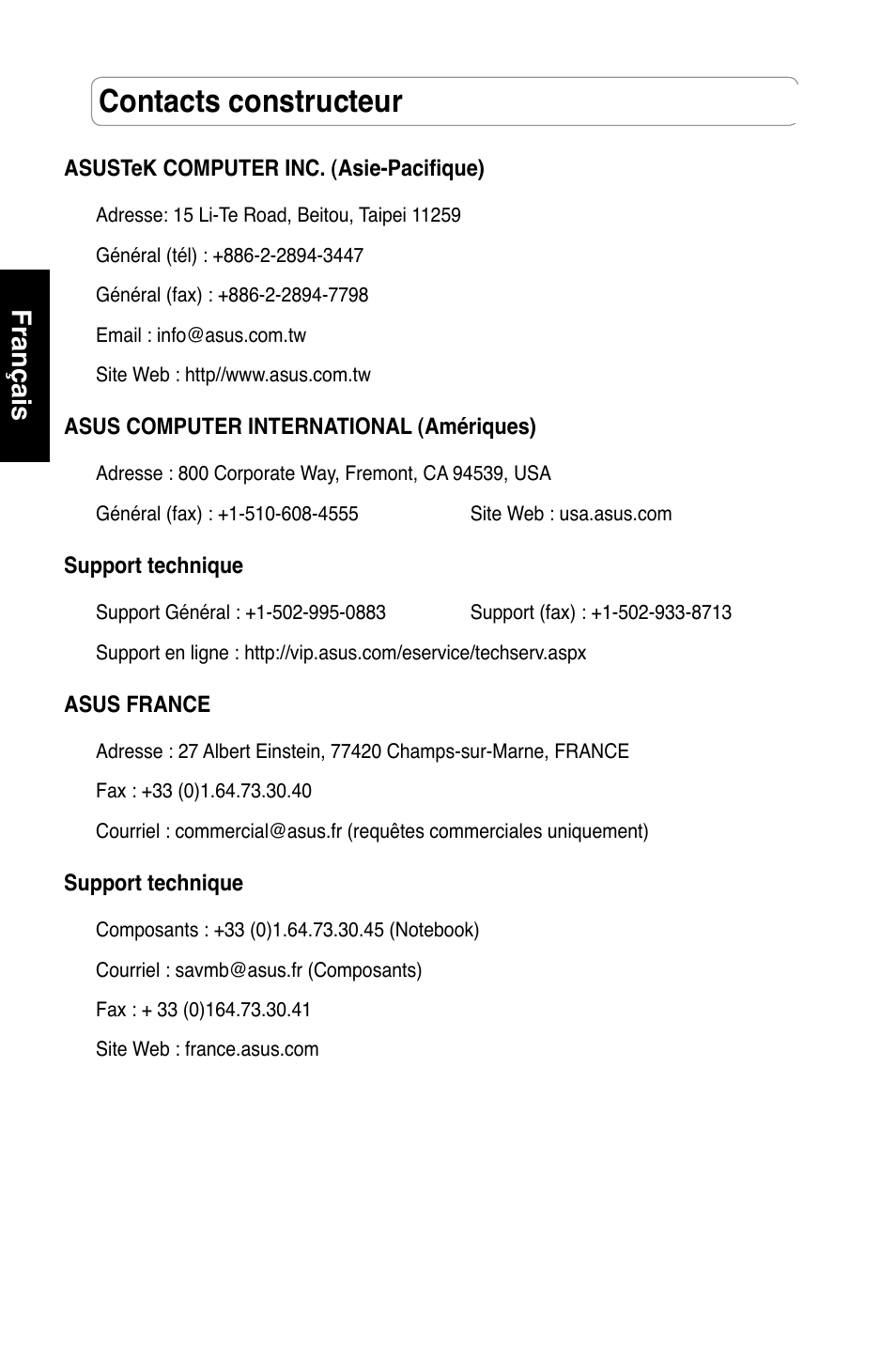 Contacts constructeur, Français | Asus RT-N13 User Manual | Page 17 / 379