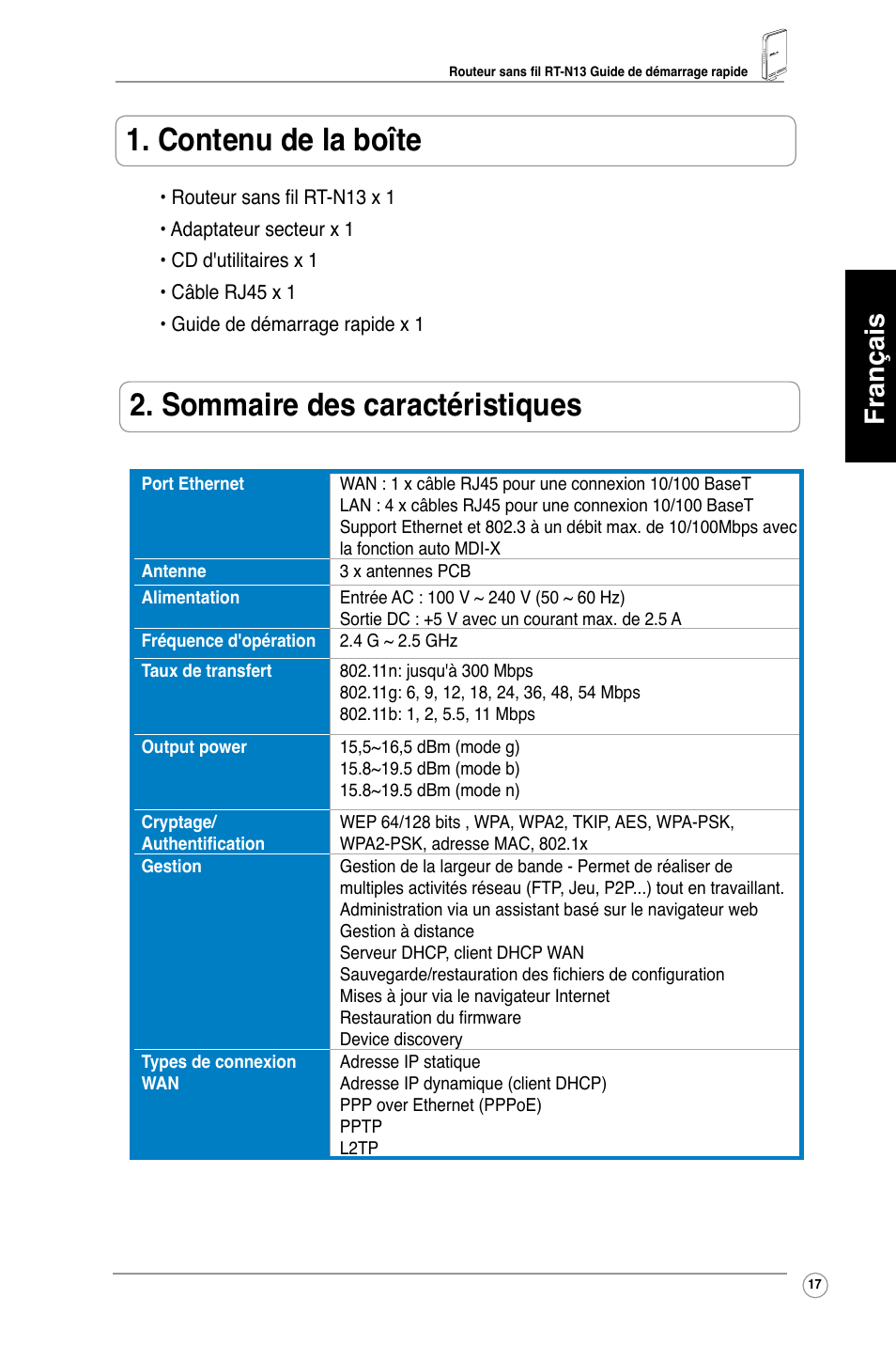 Contenu de la boîte, Sommaire des caractéristiques, Français | Asus RT-N13 User Manual | Page 18 / 379