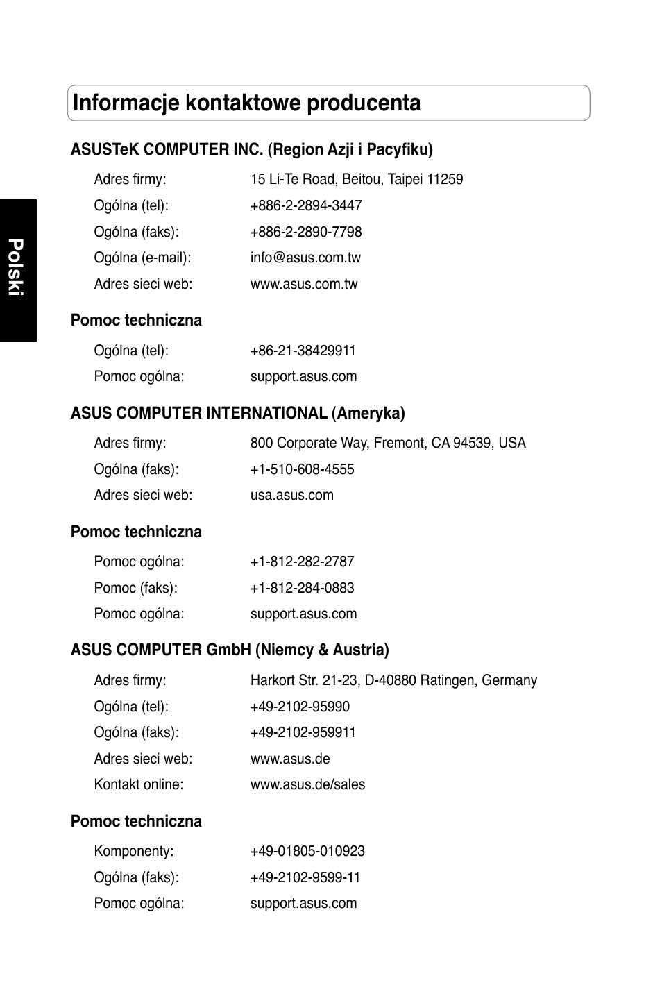 Informacje kontaktowe producenta, Polski | Asus RT-N13 User Manual | Page 185 / 379