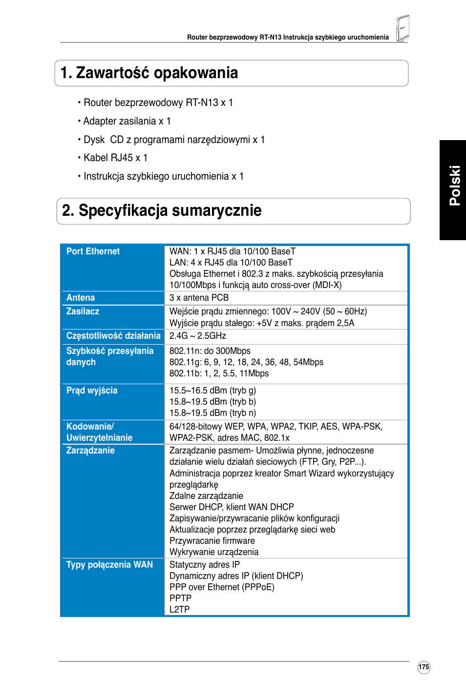 Zawartość opakowania, Specyfikacja sumarycznie, Polski | Asus RT-N13 User Manual | Page 186 / 379