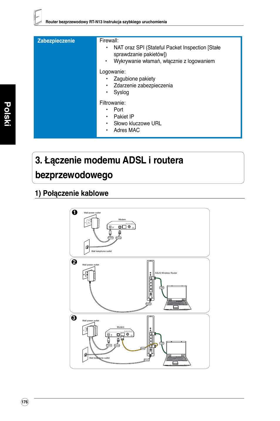 Łączenie modemu adsl i routera bezprzewodowego, Polski, 1) połączenie kablowe | Asus RT-N13 User Manual | Page 187 / 379