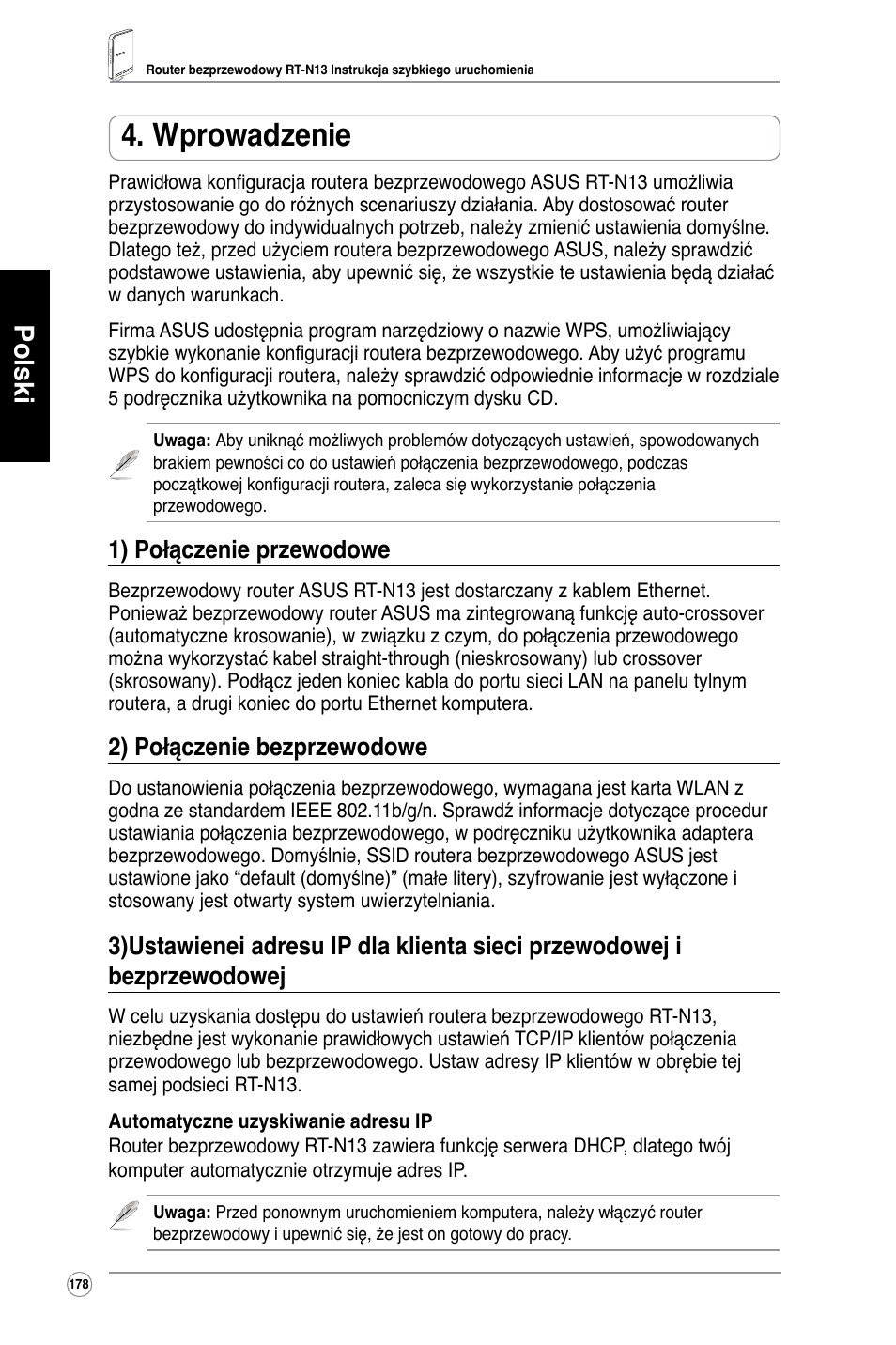 Wprowadzenie, Polski, 1) połączenie przewodowe | 2) połączenie bezprzewodowe | Asus RT-N13 User Manual | Page 189 / 379