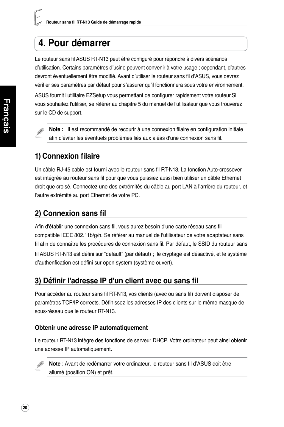 Pour démarrer, Français, 1) connexion filaire | 2) connexion sans fil | Asus RT-N13 User Manual | Page 21 / 379