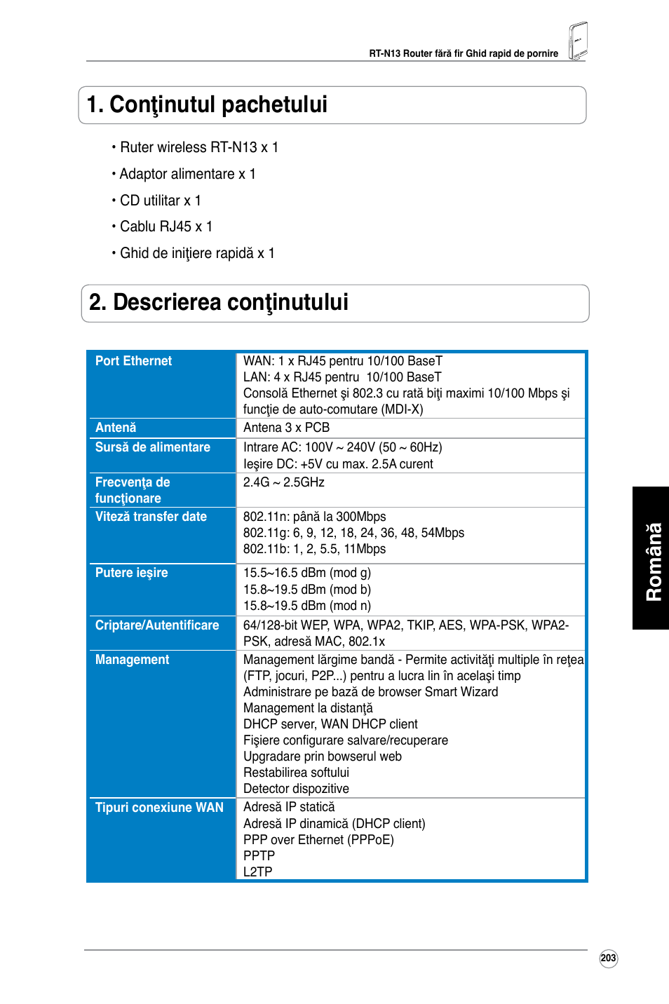 Conţinutul pachetului, Descrierea conţinutului, Română | Asus RT-N13 User Manual | Page 214 / 379