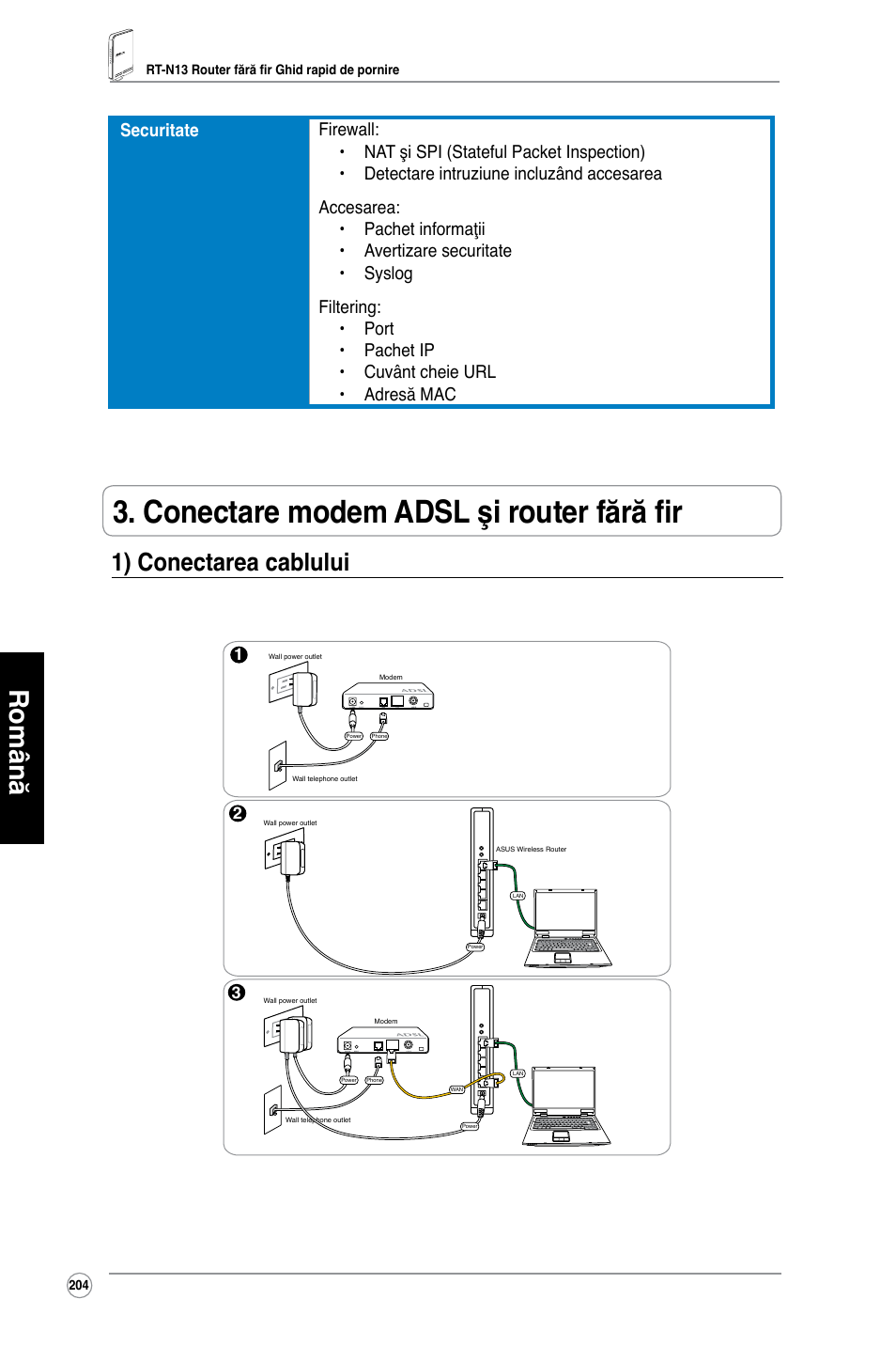 Conectare modem adsl şi router fără fir, Română, 1) conectarea cablului | Asus RT-N13 User Manual | Page 215 / 379