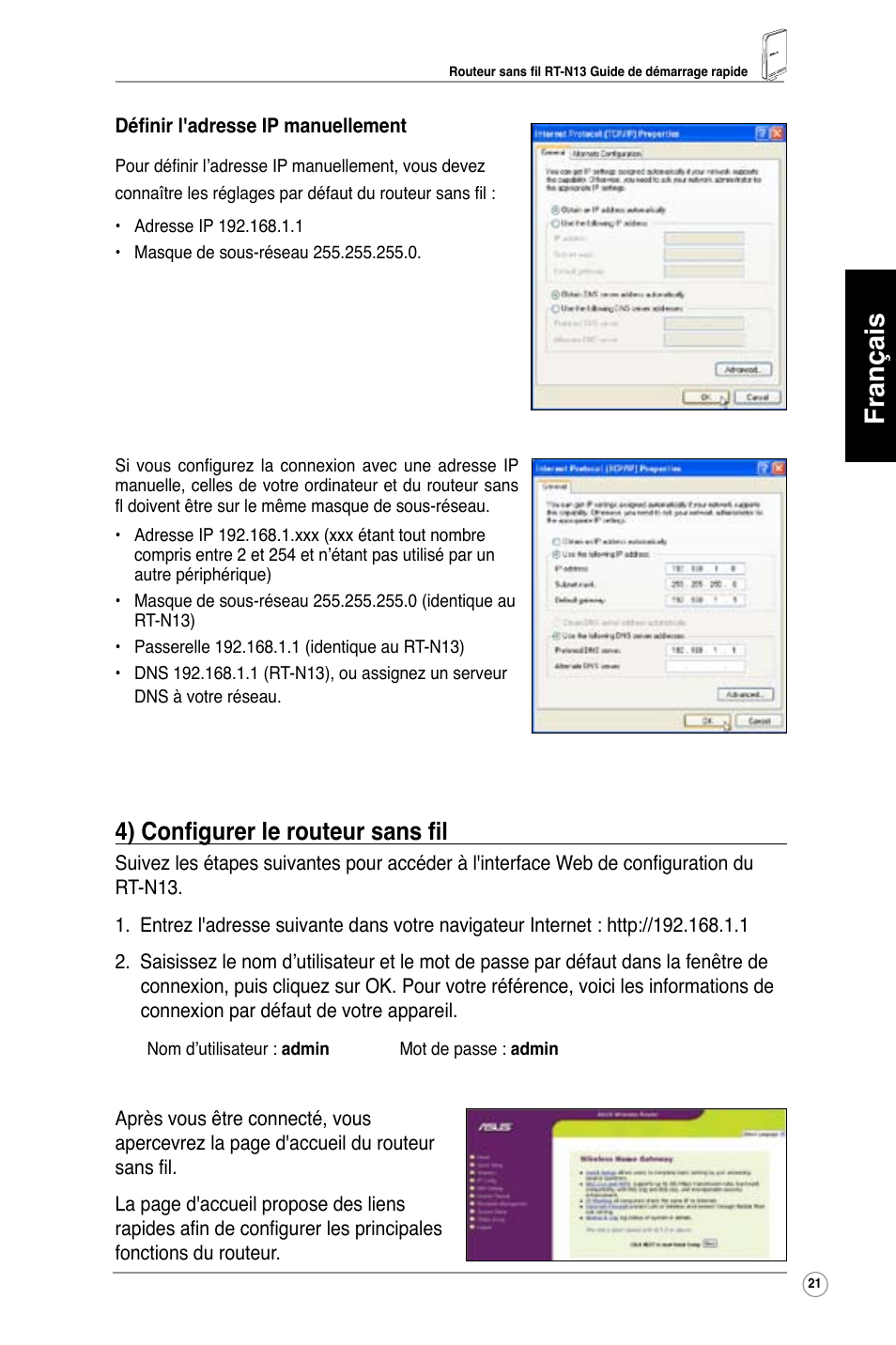 Français, 4) configurer le routeur sans fil | Asus RT-N13 User Manual | Page 22 / 379
