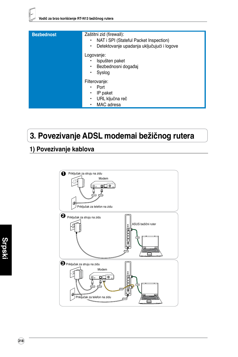 Povezivanje adsl modemai bežičnog rutera, Srpski, 1) povezivanje kablova | Asus RT-N13 User Manual | Page 229 / 379