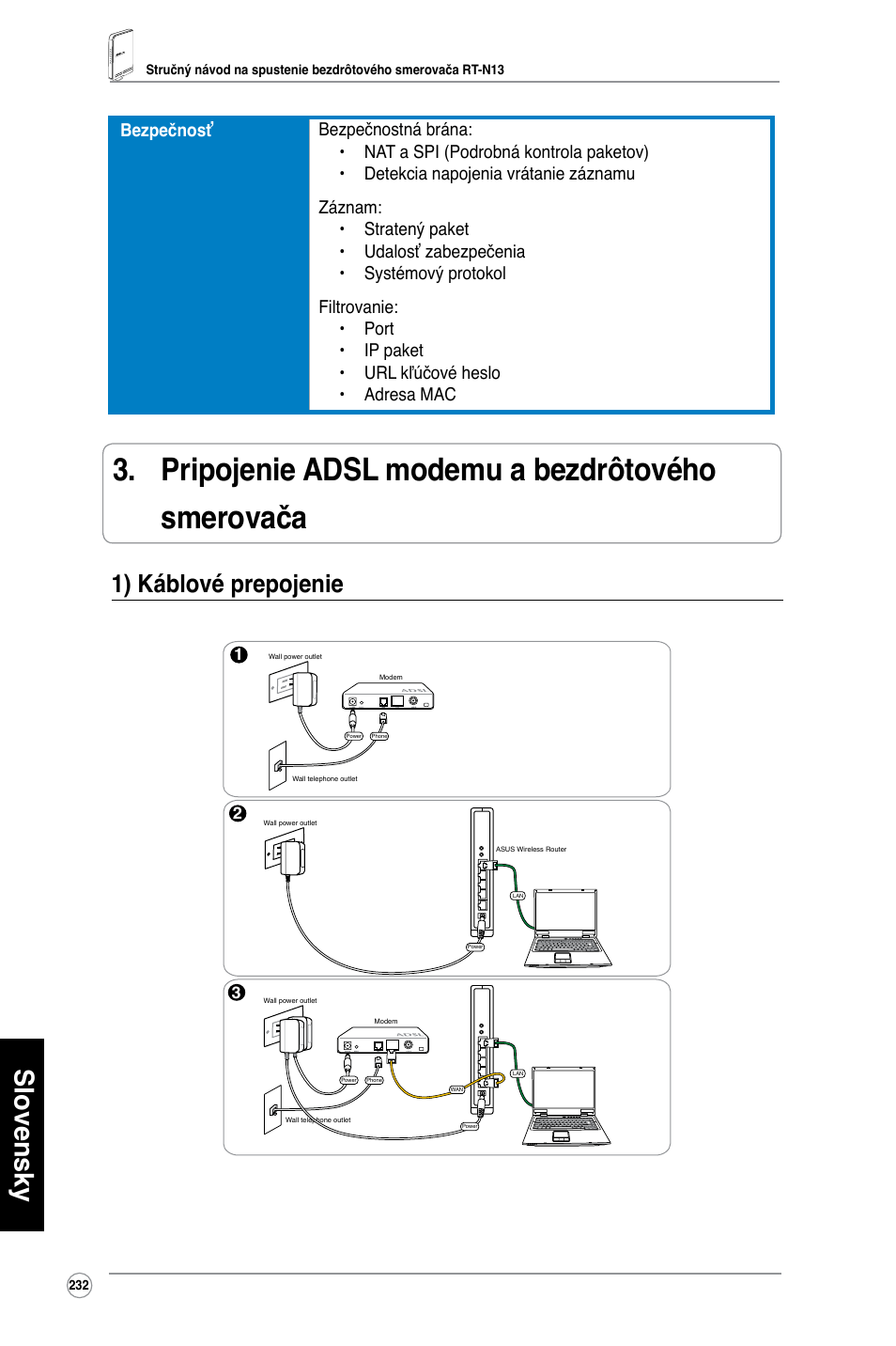 Pripojenie adsl modemu a bezdrôtového smerovača, Slovensky, 1) káblové prepojenie | Asus RT-N13 User Manual | Page 243 / 379