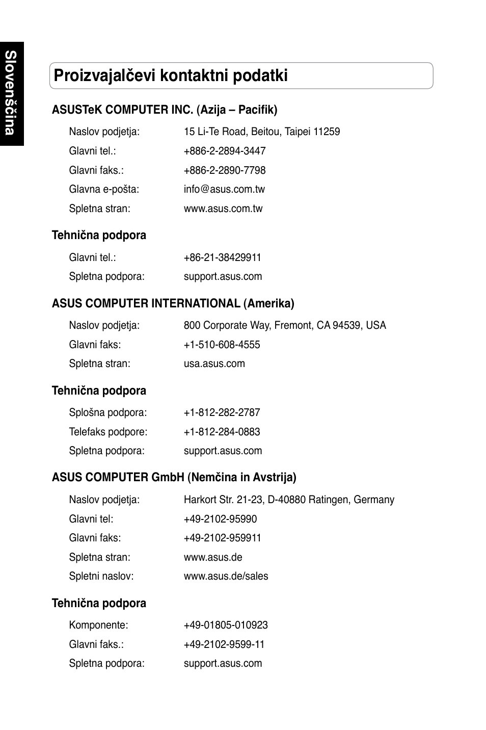 Proizvajalčevi kontaktni podatki, Slovenščina | Asus RT-N13 User Manual | Page 255 / 379