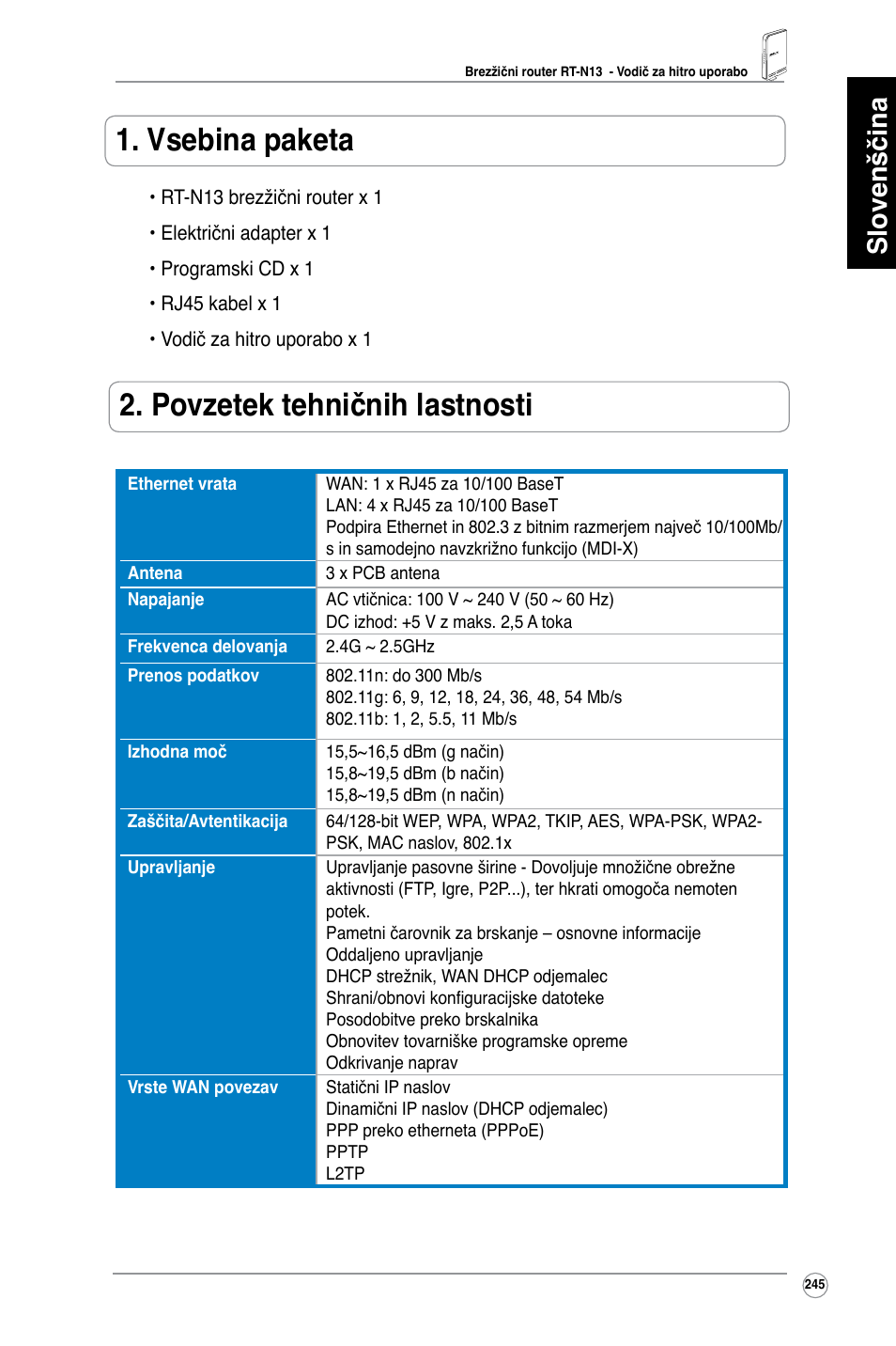 Vsebina paketa, Povzetek tehničnih lastnosti, Slovenščina | Asus RT-N13 User Manual | Page 256 / 379