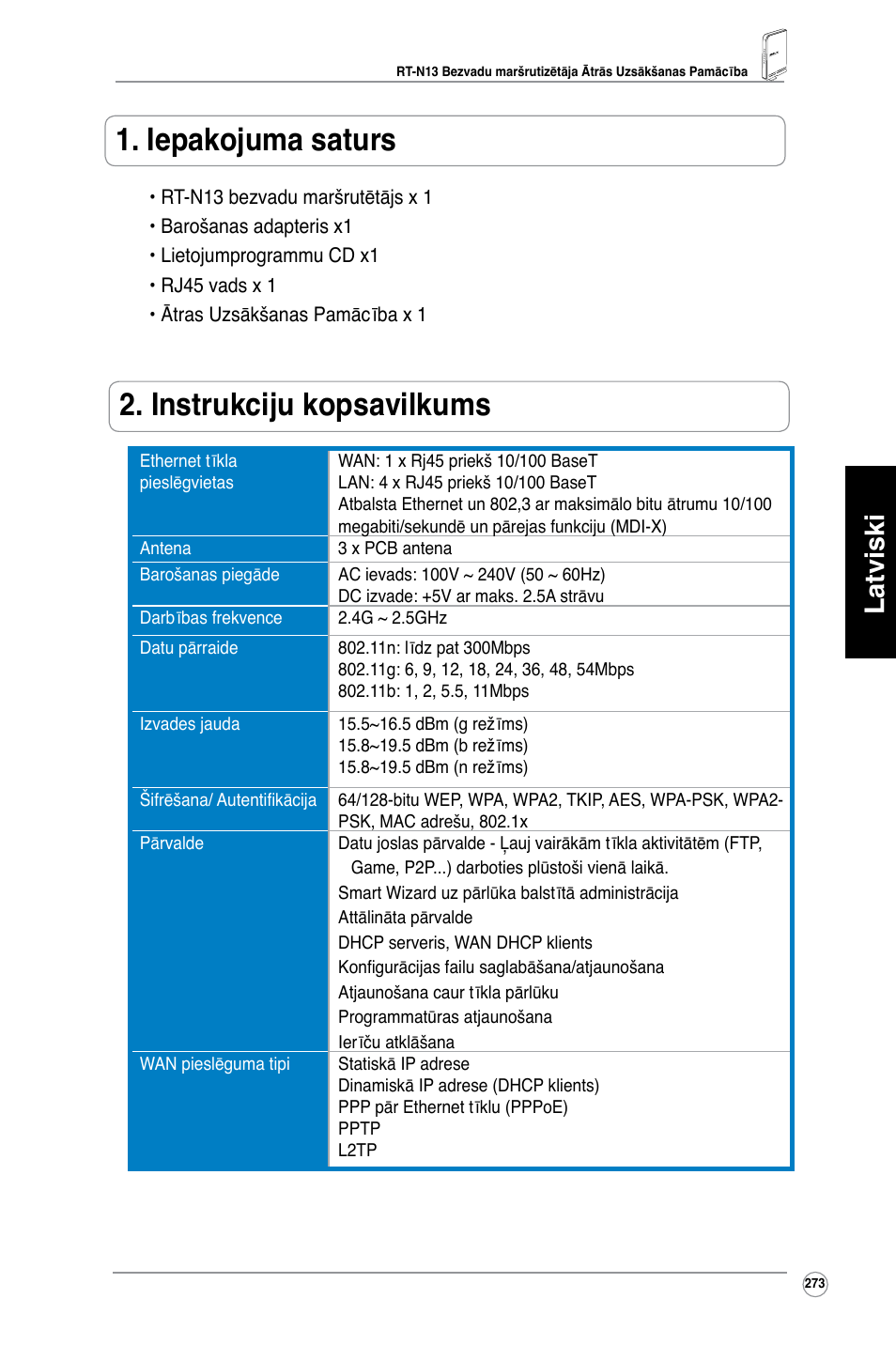 Iepakojuma saturs, Instrukciju kopsavilkums, Latviski | Asus RT-N13 User Manual | Page 284 / 379