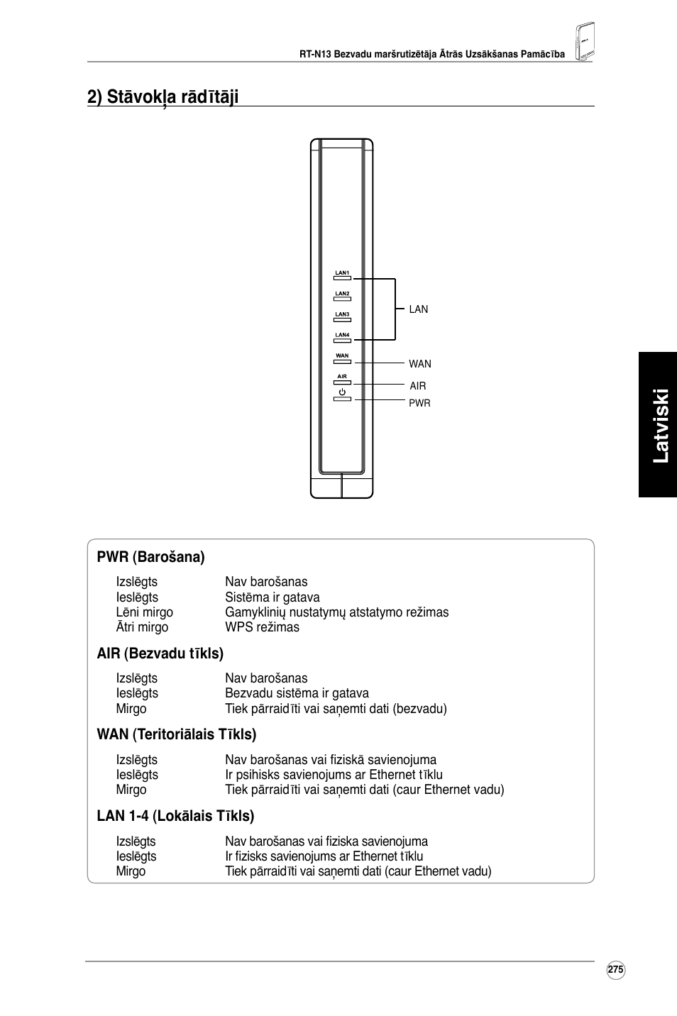 Latviski, 2) stāvokļa rādītāji | Asus RT-N13 User Manual | Page 286 / 379