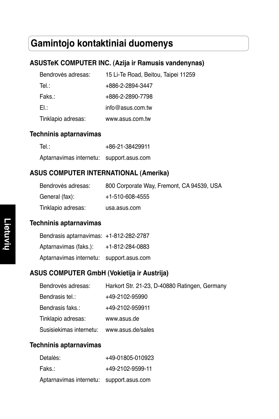 Gamintojo kontaktiniai duomenys, Lietuvių | Asus RT-N13 User Manual | Page 297 / 379