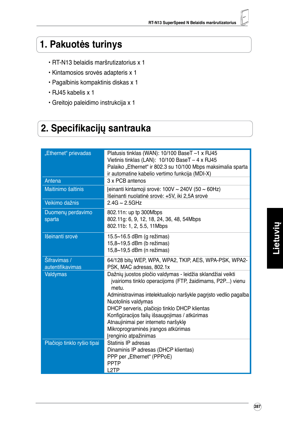 Pakuotės turinys, Specifikacijų santrauka, Lietuvių | Asus RT-N13 User Manual | Page 298 / 379