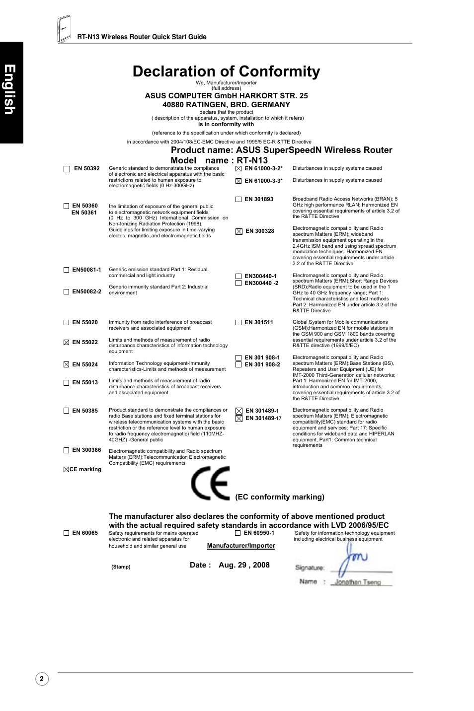 Declaration of conformity, English, Ec conformity marking) | Asus RT-N13 User Manual | Page 3 / 379