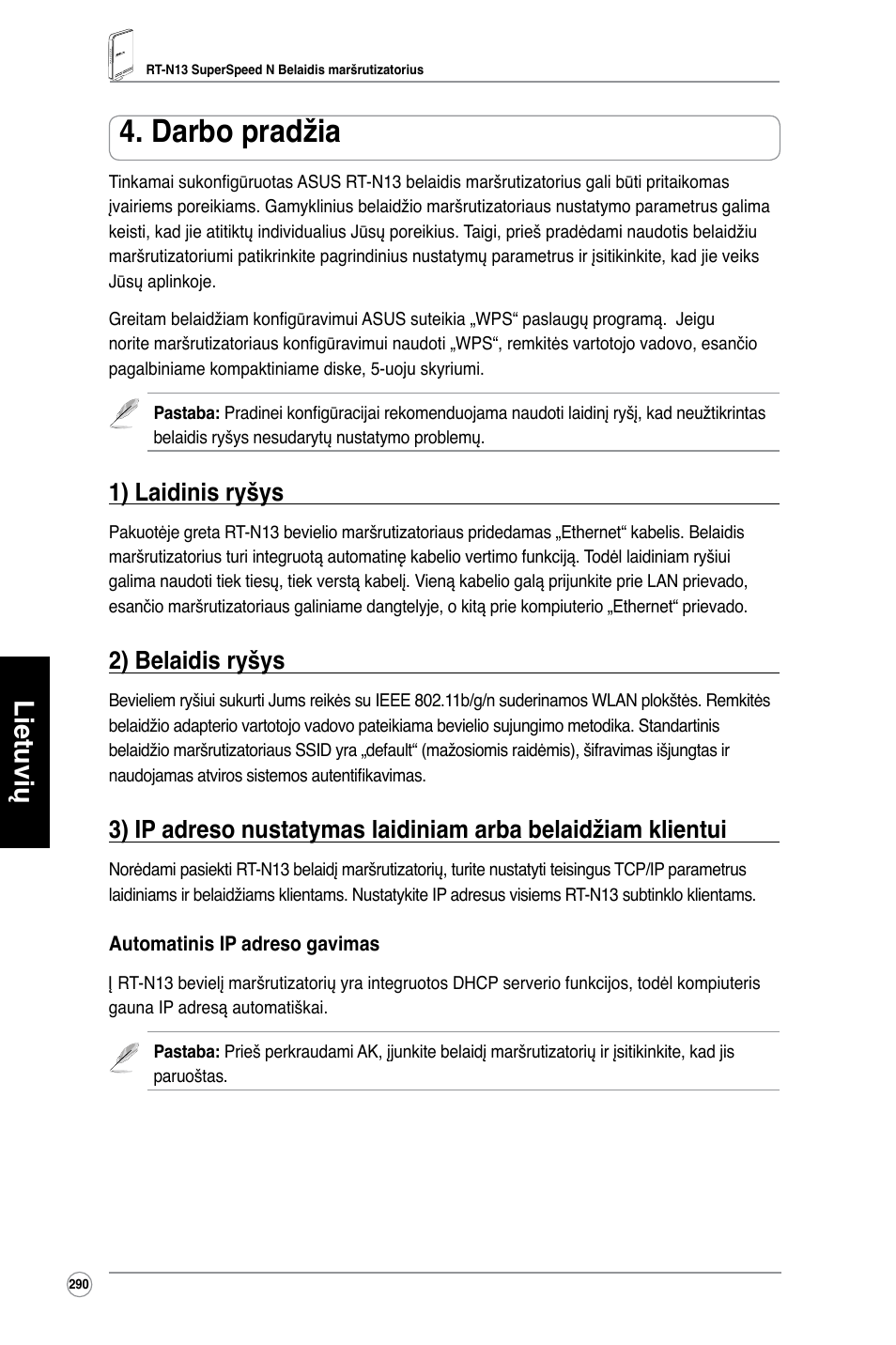 Darbo pradžia, Lietuvių, 1) laidinis ryšys | 2) belaidis ryšys | Asus RT-N13 User Manual | Page 301 / 379