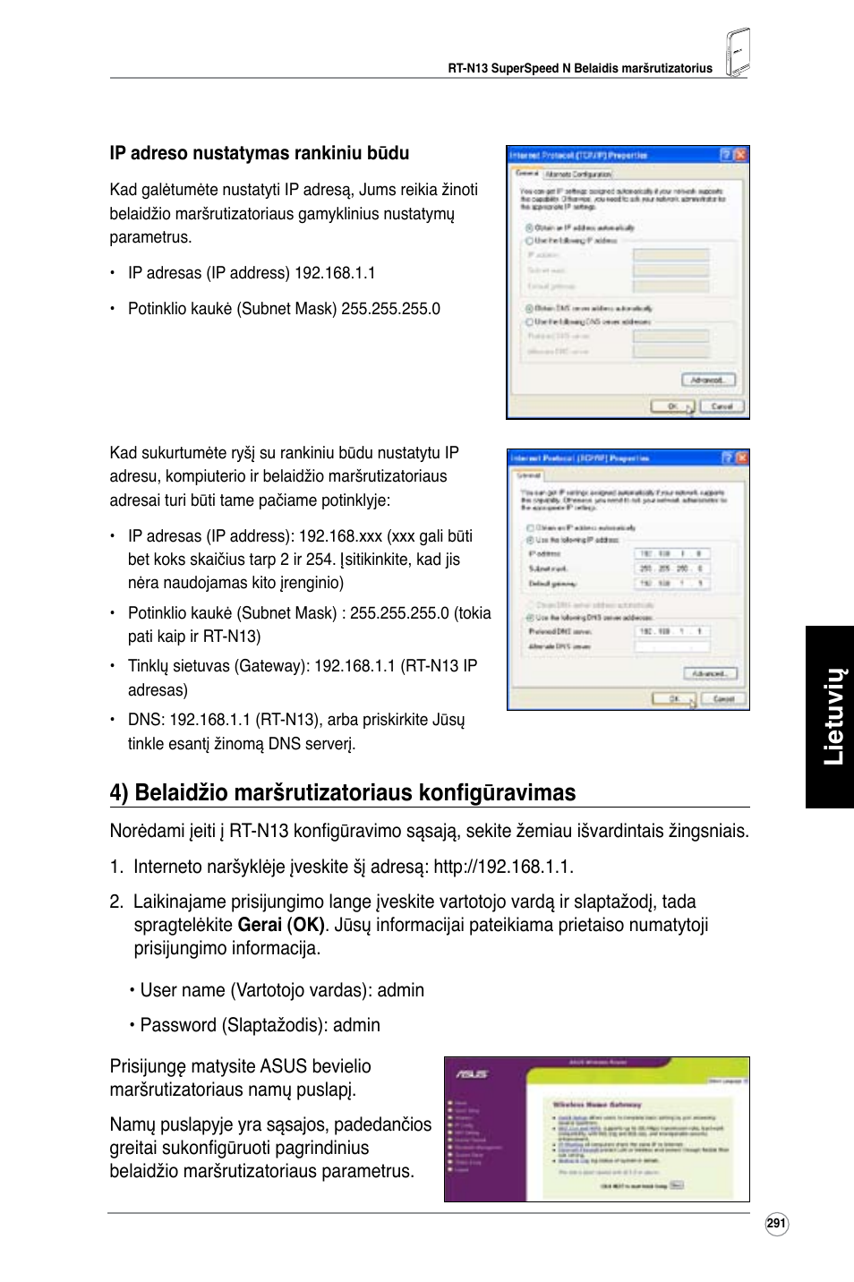 Lietuvių, 4) belaidžio maršrutizatoriaus konfigūravimas | Asus RT-N13 User Manual | Page 302 / 379