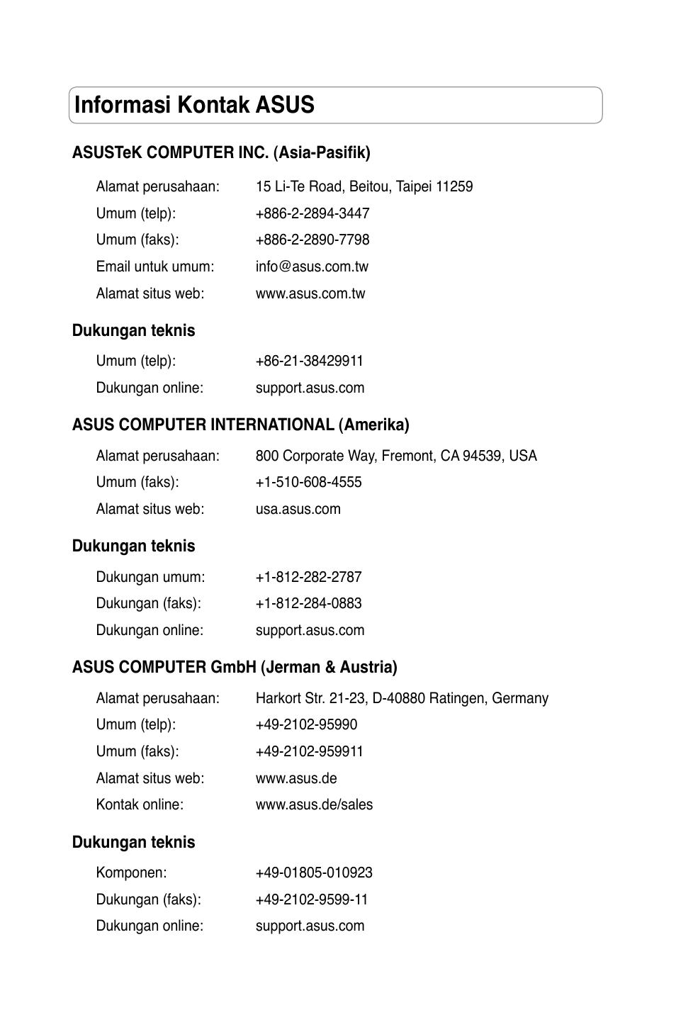 Informasi kontak asus | Asus RT-N13 User Manual | Page 311 / 379