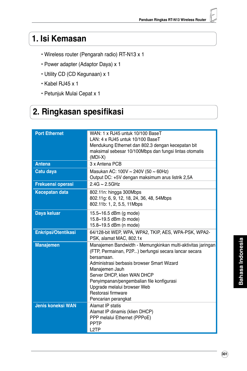 Isi kemasan, Ringkasan spesifikasi | Asus RT-N13 User Manual | Page 312 / 379