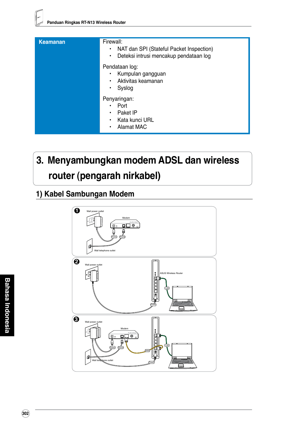 1) kabel sambungan modem, Bahasa indonesia | Asus RT-N13 User Manual | Page 313 / 379