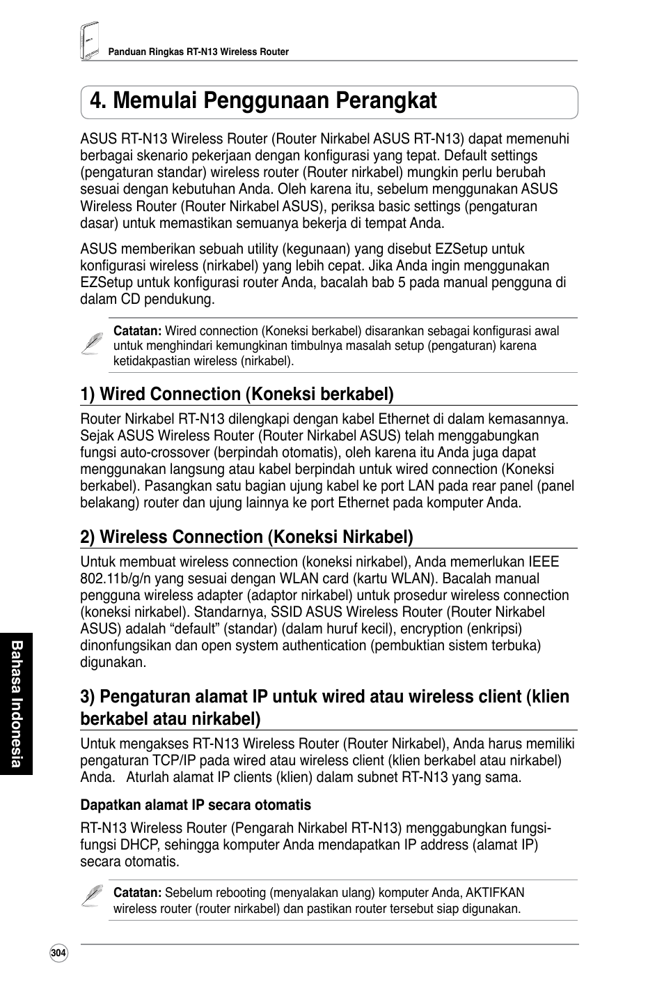 Memulai penggunaan perangkat, 1) wired connection (koneksi berkabel), 2) wireless connection (koneksi nirkabel) | Asus RT-N13 User Manual | Page 315 / 379