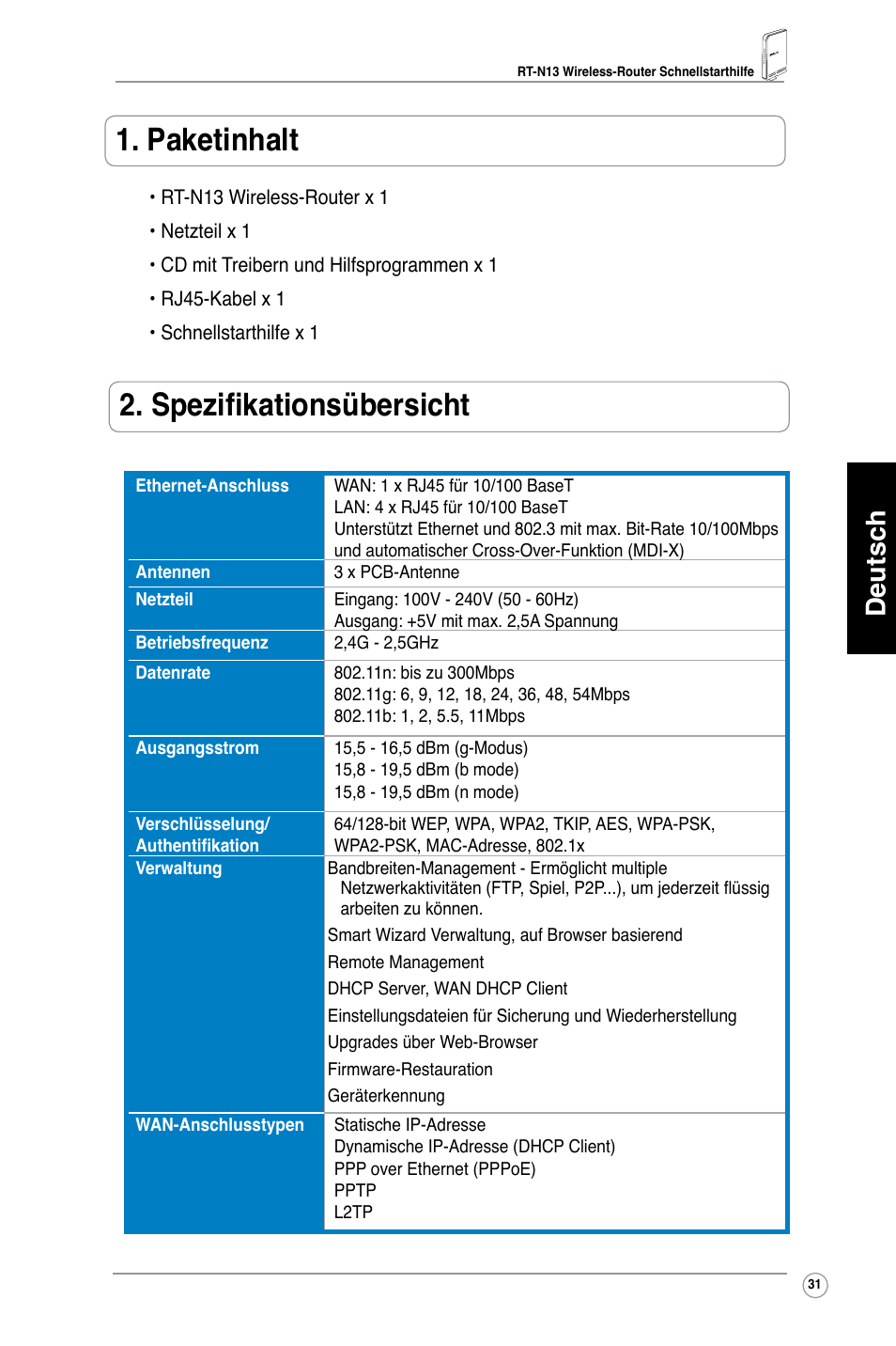 Paketinhalt, Spezifikationsübersicht, Deutsch | Asus RT-N13 User Manual | Page 32 / 379