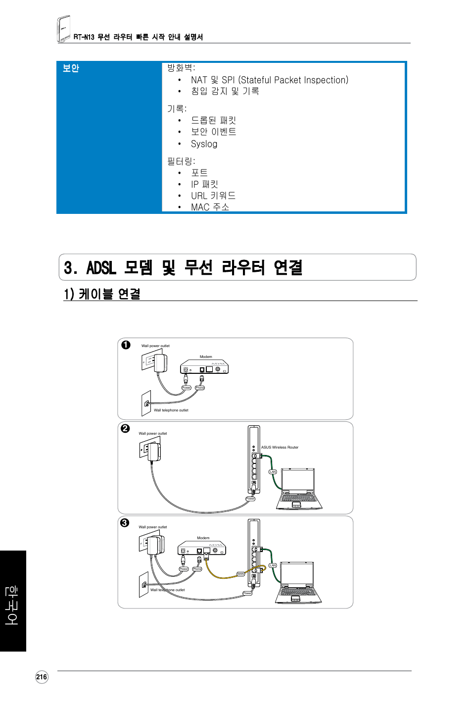 Adsl 모뎀 및 무선 라우터 연결, 1) 케이블 연결 | Asus RT-N13 User Manual | Page 327 / 379