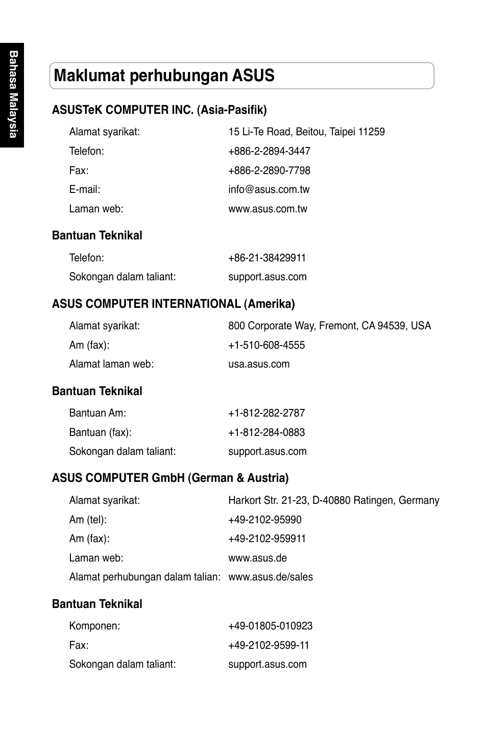 Maklumat perhubungan asus | Asus RT-N13 User Manual | Page 339 / 379