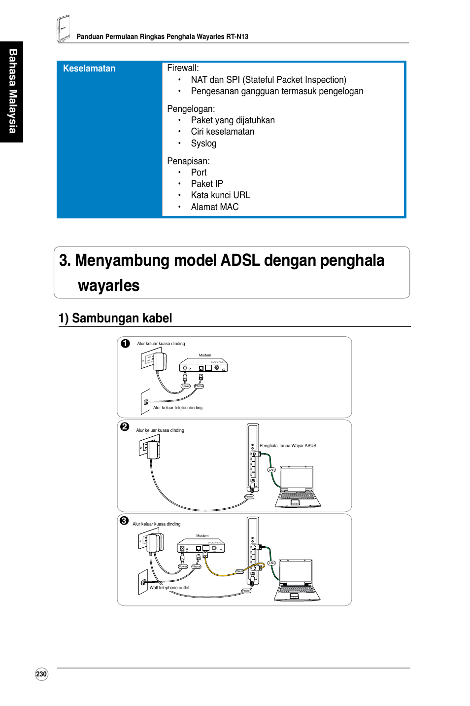 Menyambung model adsl dengan penghala wayarles, 1) sambungan kabel, Bahasa malaysia | Asus RT-N13 User Manual | Page 341 / 379