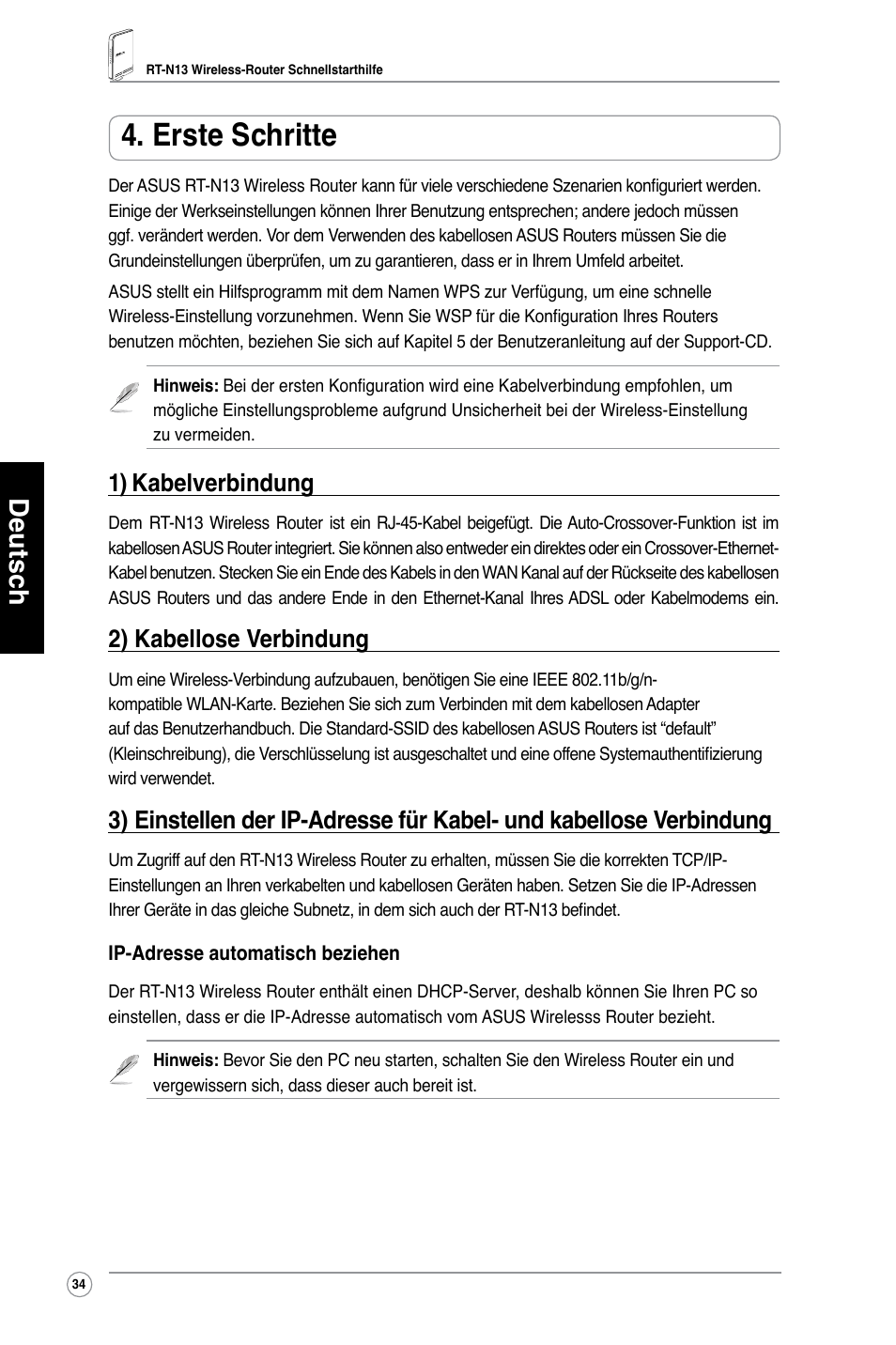 Erste schritte, Deutsch, 1) kabelverbindung | 2) kabellose verbindung | Asus RT-N13 User Manual | Page 35 / 379