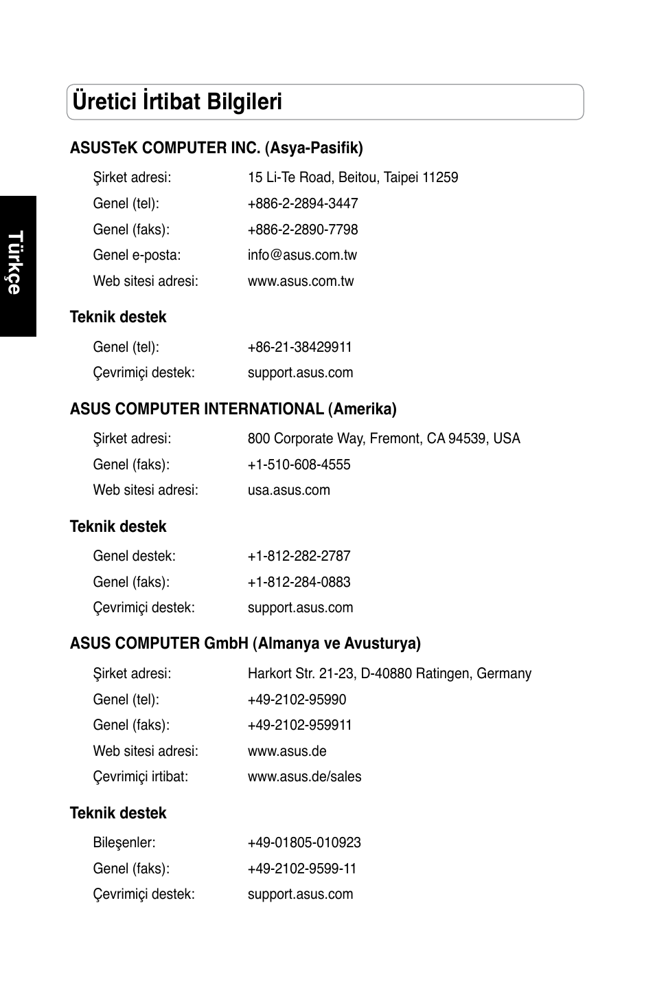 Üretici irtibat bilgileri, Türkçe | Asus RT-N13 User Manual | Page 353 / 379