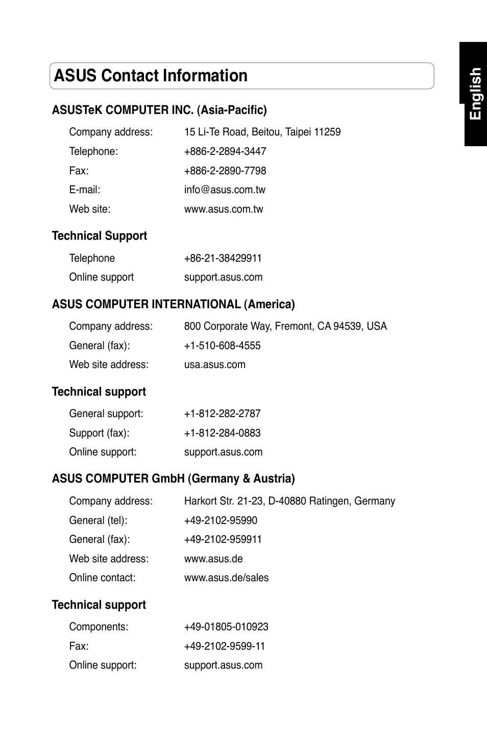 Asus contact information, English | Asus RT-N13 User Manual | Page 4 / 379