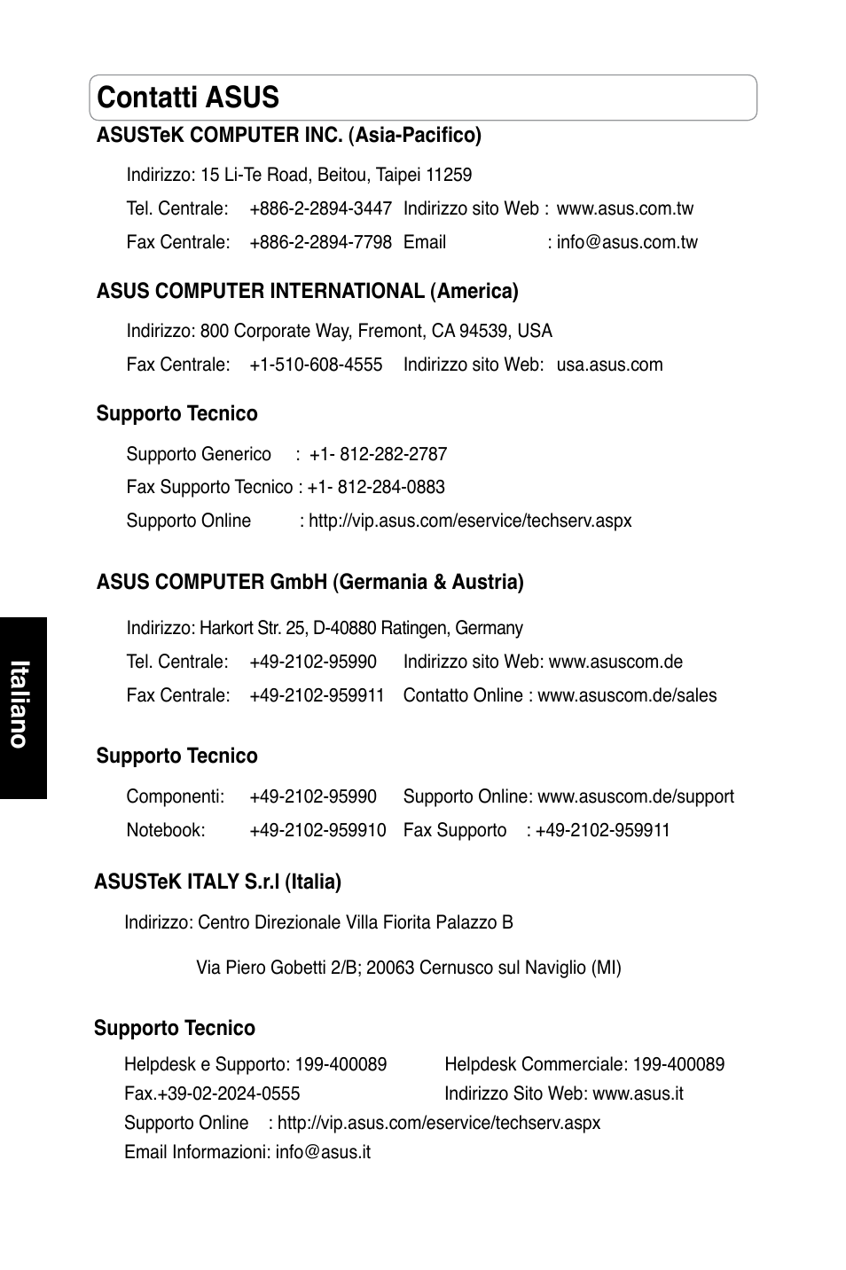 Contatti asus, Italiano | Asus RT-N13 User Manual | Page 45 / 379