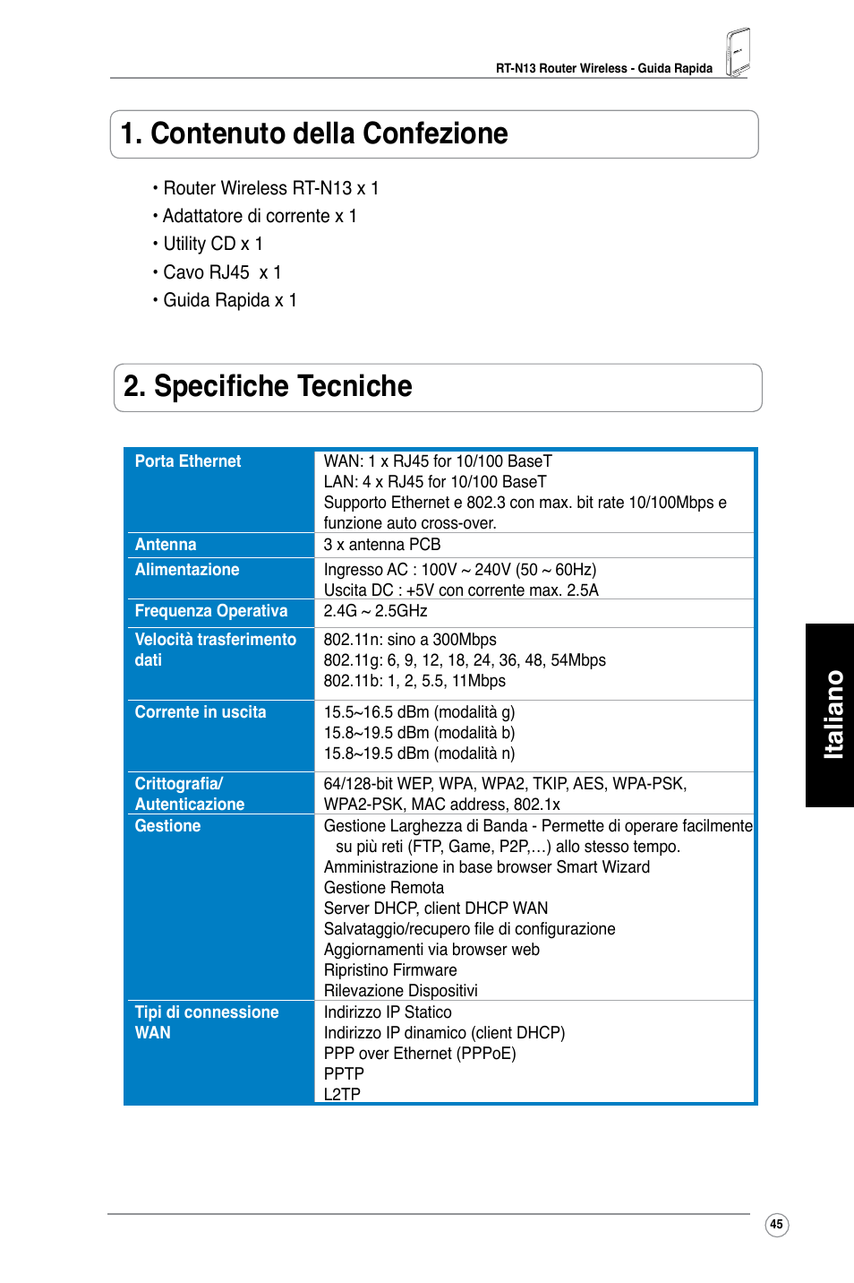 Contenuto della confezione, Specifiche tecniche, Italiano | Asus RT-N13 User Manual | Page 46 / 379