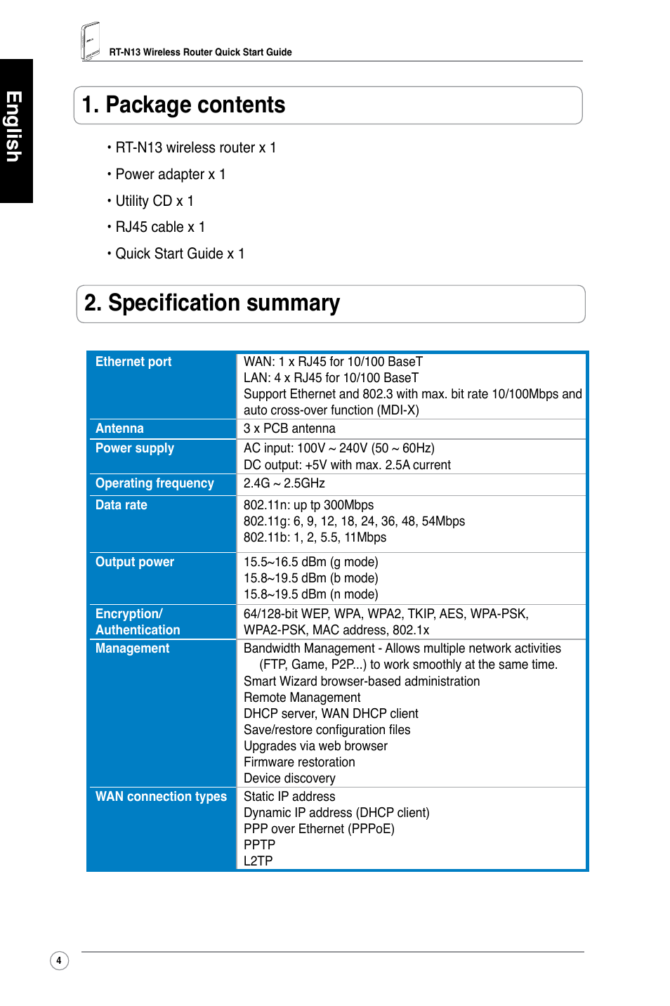 Package contents, Specification summary, English | Asus RT-N13 User Manual | Page 5 / 379