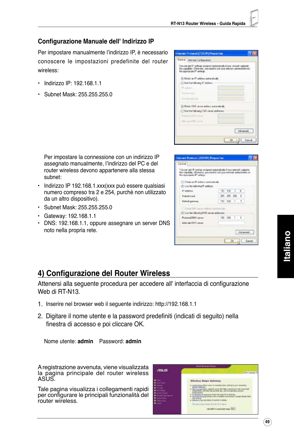 Italiano, 4) configurazione del router wireless | Asus RT-N13 User Manual | Page 50 / 379
