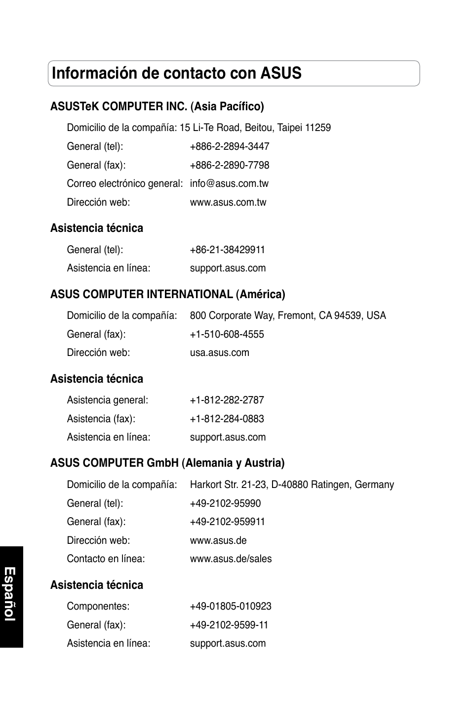 Información de contacto con asus, Español | Asus RT-N13 User Manual | Page 73 / 379