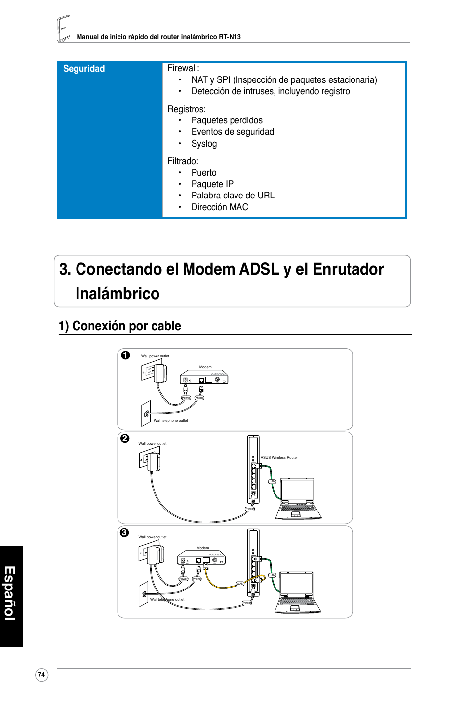 Español, 1) conexión por cable | Asus RT-N13 User Manual | Page 75 / 379