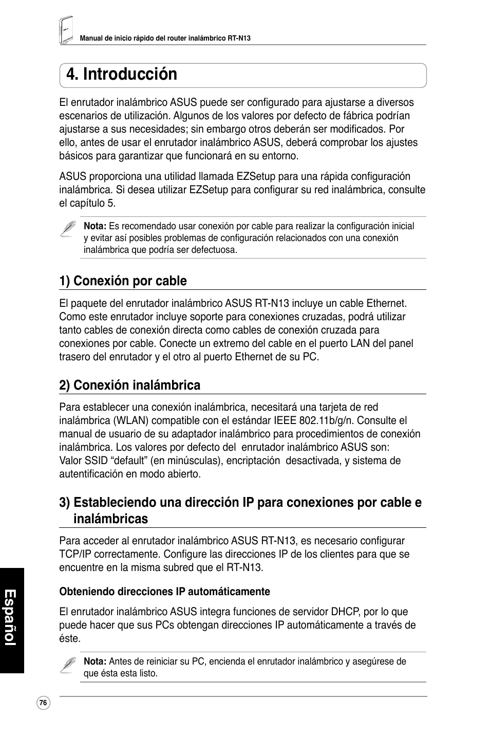 Introducción, Español, 1) conexión por cable | 2) conexión inalámbrica | Asus RT-N13 User Manual | Page 77 / 379