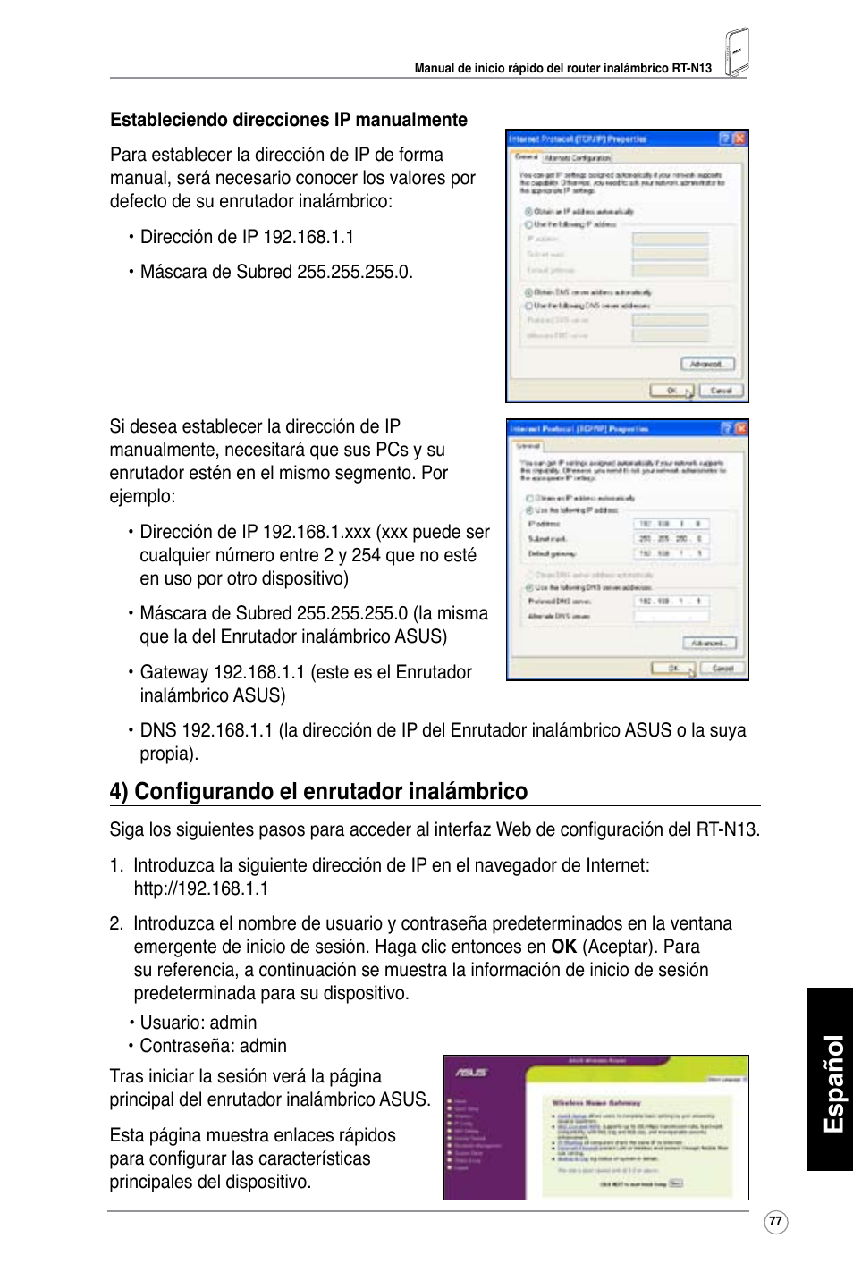 Español, 4) configurando el enrutador inalámbrico | Asus RT-N13 User Manual | Page 78 / 379