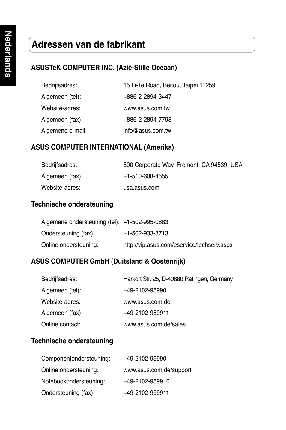 Adressen van de fabrikant, Nederlands | Asus RT-N13 User Manual | Page 87 / 379