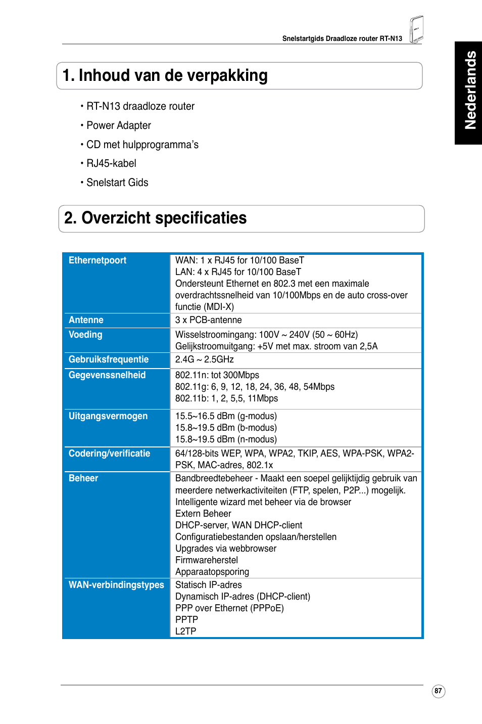 Inhoud van de verpakking, Overzicht specificaties, Nederlands | Asus RT-N13 User Manual | Page 88 / 379