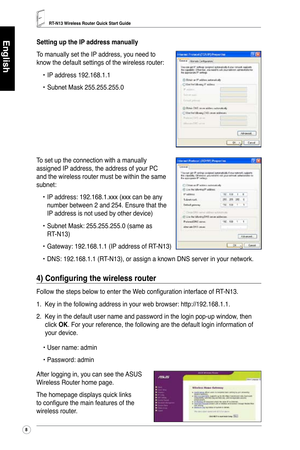 English, 4) configuring the wireless router | Asus RT-N13 User Manual | Page 9 / 379