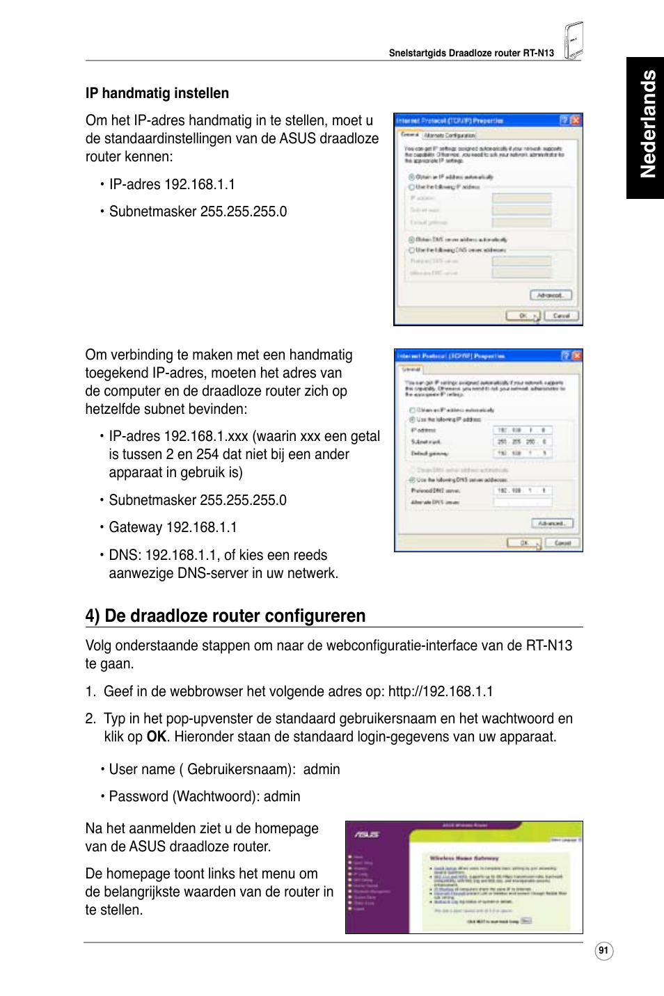Nederlands, 4) de draadloze router configureren | Asus RT-N13 User Manual | Page 92 / 379